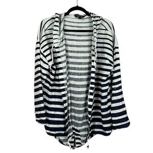 Charlie B Nautical Linen Striped Open Front Hooded Cardigan Large Navy NWOT